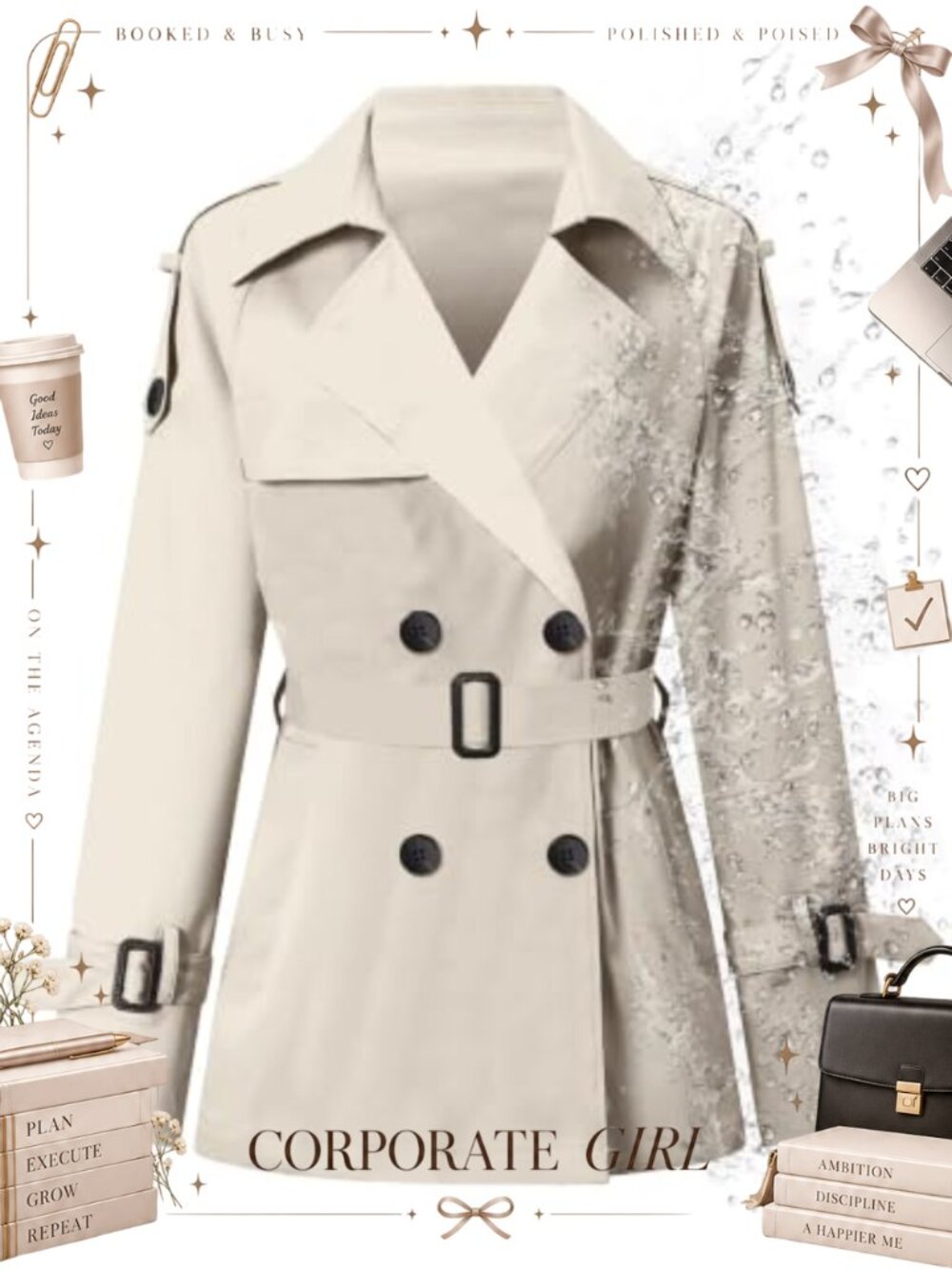 Women's Double Breasted Short Trench Coat Water Resistant with Belt